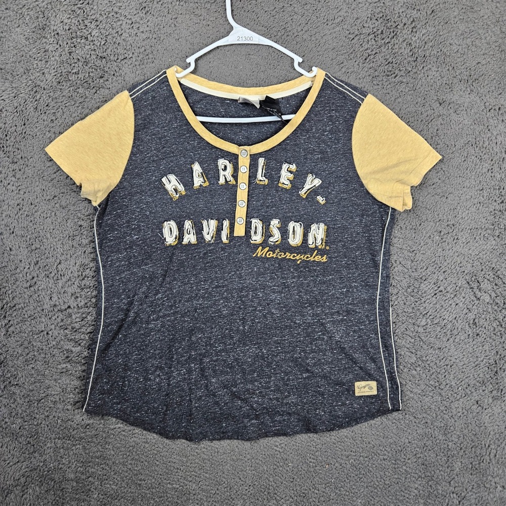 Harley Davidson Womens XL Henley Graphic T-Shirt Gray Yellow Biker Short Sleeve